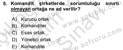 Şirketler Muhasebesi Dersi 2023 - 2024 Yılı (Vize) Ara Sınav Soruları 5. Soru