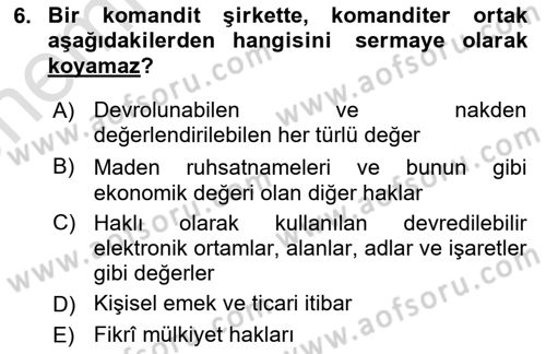 Şirketler Muhasebesi Dersi 2023 - 2024 Yılı (Vize) Ara Sınav Soruları 6. Soru