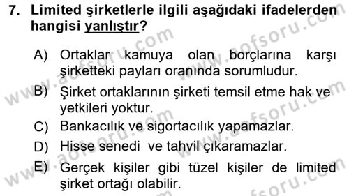 Şirketler Muhasebesi Dersi 2023 - 2024 Yılı (Vize) Ara Sınav Soruları 7. Soru