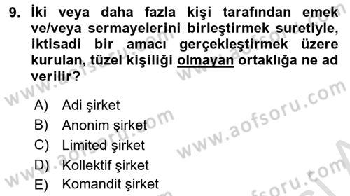 Şirketler Muhasebesi Dersi 2023 - 2024 Yılı (Vize) Ara Sınav Soruları 9. Soru