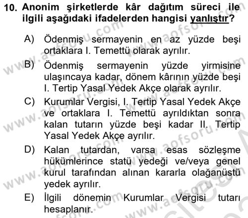 Şirketler Muhasebesi Dersi 2023 - 2024 Yılı (Final) Dönem Sonu Sınav Soruları 10. Soru