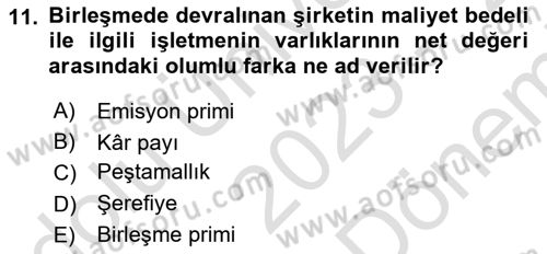 Şirketler Muhasebesi Dersi 2023 - 2024 Yılı (Final) Dönem Sonu Sınav Soruları 11. Soru