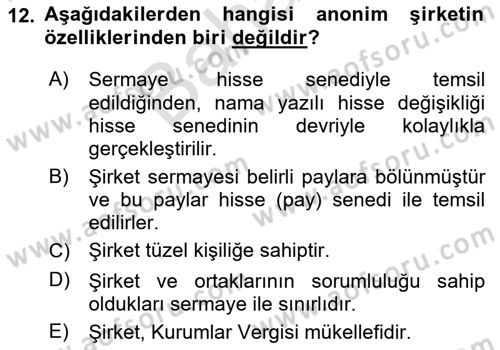 Şirketler Muhasebesi Dersi 2023 - 2024 Yılı (Final) Dönem Sonu Sınav Soruları 12. Soru