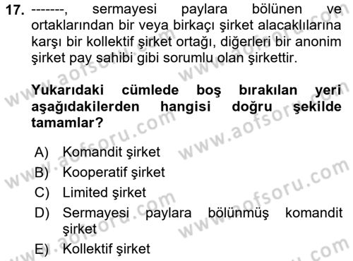 Şirketler Muhasebesi Dersi 2023 - 2024 Yılı (Final) Dönem Sonu Sınav Soruları 17. Soru