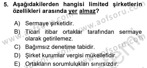 Şirketler Muhasebesi Dersi 2023 - 2024 Yılı (Final) Dönem Sonu Sınav Soruları 5. Soru