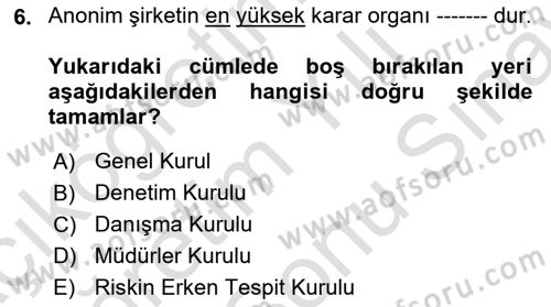 Şirketler Muhasebesi Dersi 2023 - 2024 Yılı (Final) Dönem Sonu Sınav Soruları 6. Soru