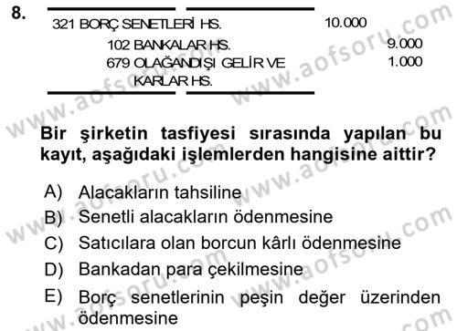 Şirketler Muhasebesi Dersi 2023 - 2024 Yılı (Final) Dönem Sonu Sınav Soruları 8. Soru