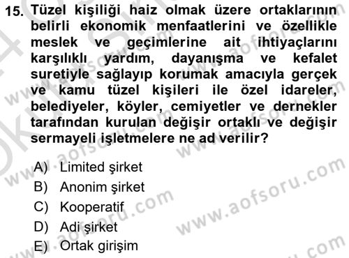 Şirketler Muhasebesi Dersi 2023 - 2024 Yılı Yaz Okulu Sınav Soruları 15. Soru