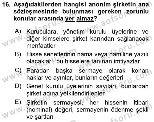 Şirketler Muhasebesi Dersi 2023 - 2024 Yılı Yaz Okulu Sınav Soruları 16. Soru