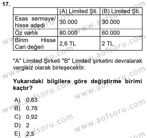 Şirketler Muhasebesi Dersi 2023 - 2024 Yılı Yaz Okulu Sınav Soruları 17. Soru