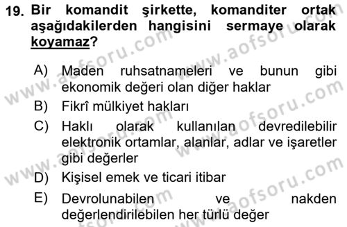 Şirketler Muhasebesi Dersi 2023 - 2024 Yılı Yaz Okulu Sınav Soruları 19. Soru