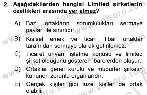 Şirketler Muhasebesi Dersi 2023 - 2024 Yılı Yaz Okulu Sınav Soruları 2. Soru