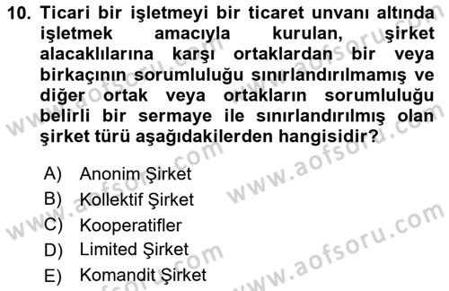 Şirketler Muhasebesi Dersi 2024 - 2025 Yılı (Vize) Ara Sınav Soruları 10. Soru