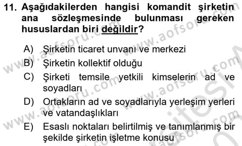 Şirketler Muhasebesi Dersi 2024 - 2025 Yılı (Vize) Ara Sınav Soruları 11. Soru