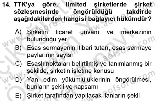Şirketler Muhasebesi Dersi 2024 - 2025 Yılı (Vize) Ara Sınav Soruları 14. Soru