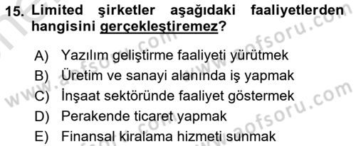 Şirketler Muhasebesi Dersi 2024 - 2025 Yılı (Vize) Ara Sınav Soruları 15. Soru