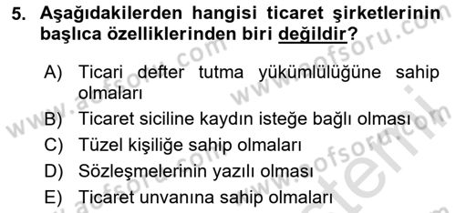 Şirketler Muhasebesi Dersi 2024 - 2025 Yılı (Vize) Ara Sınav Soruları 5. Soru