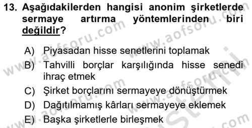 Şirketler Muhasebesi Dersi 2024 - 2025 Yılı (Final) Dönem Sonu Sınav Soruları 13. Soru