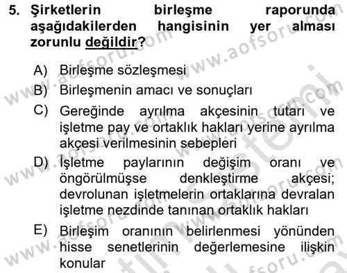 Şirketler Muhasebesi Dersi 2024 - 2025 Yılı (Final) Dönem Sonu Sınav Soruları 5. Soru