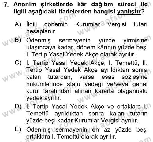 Şirketler Muhasebesi Dersi 2024 - 2025 Yılı (Final) Dönem Sonu Sınav Soruları 7. Soru