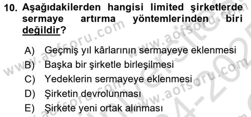 Şirketler Muhasebesi Dersi 2024 - 2025 Yılı Yaz Okulu Sınav Soruları 10. Soru