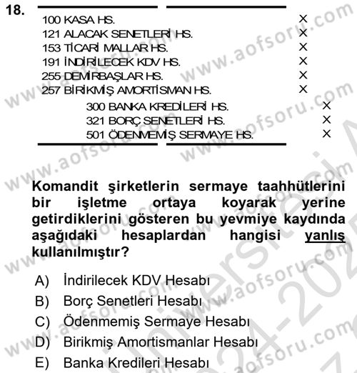 Şirketler Muhasebesi Dersi 2024 - 2025 Yılı Yaz Okulu Sınav Soruları 18. Soru