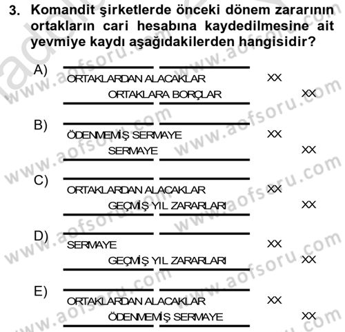 Şirketler Muhasebesi Dersi 2024 - 2025 Yılı Yaz Okulu Sınav Soruları 3. Soru