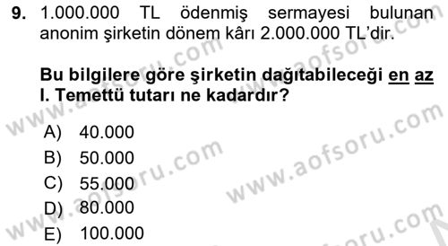 Şirketler Muhasebesi Dersi 2024 - 2025 Yılı Yaz Okulu Sınav Soruları 9. Soru