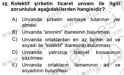 Şirketler Muhasebesi Dersi 2025 - 2026 Yılı (Vize) Ara Sınav Soruları 10. Soru