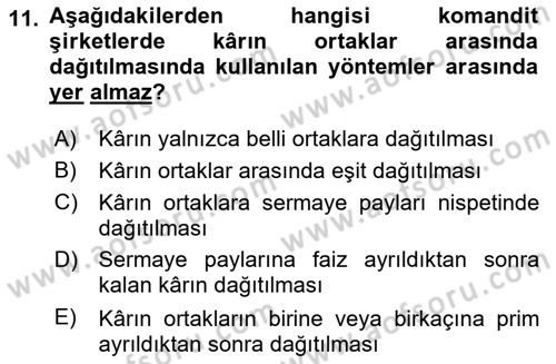 Şirketler Muhasebesi Dersi 2025 - 2026 Yılı (Vize) Ara Sınav Soruları 11. Soru