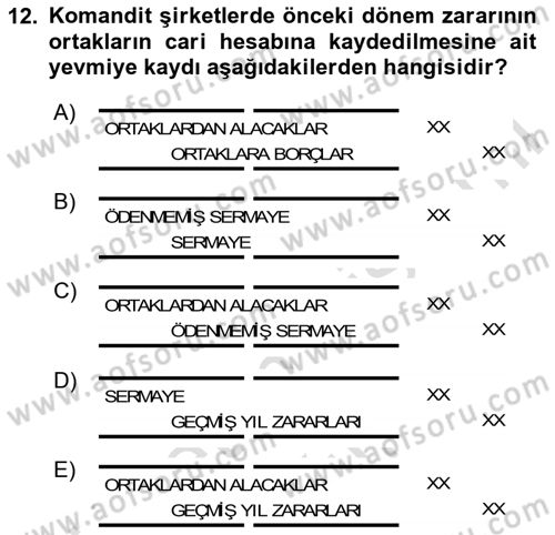 Şirketler Muhasebesi Dersi 2025 - 2026 Yılı (Vize) Ara Sınav Soruları 12. Soru
