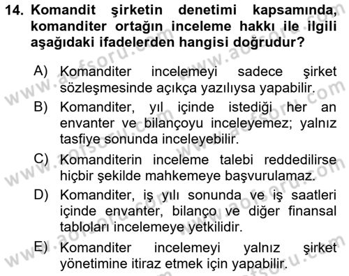 Şirketler Muhasebesi Dersi 2025 - 2026 Yılı (Vize) Ara Sınav Soruları 14. Soru