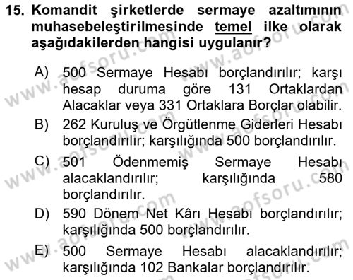 Şirketler Muhasebesi Dersi 2025 - 2026 Yılı (Vize) Ara Sınav Soruları 15. Soru