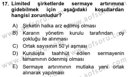 Şirketler Muhasebesi Dersi 2025 - 2026 Yılı (Vize) Ara Sınav Soruları 17. Soru