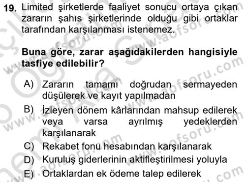 Şirketler Muhasebesi Dersi 2025 - 2026 Yılı (Vize) Ara Sınav Soruları 19. Soru