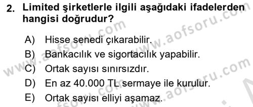 Şirketler Muhasebesi Dersi 2025 - 2026 Yılı (Vize) Ara Sınav Soruları 2. Soru