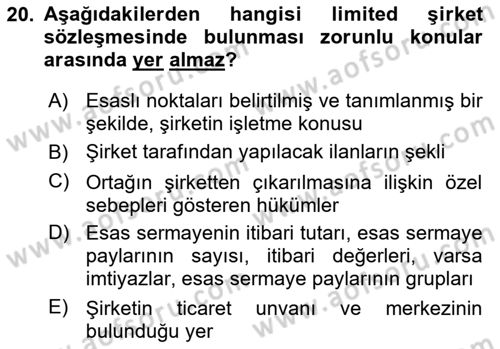 Şirketler Muhasebesi Dersi 2025 - 2026 Yılı (Vize) Ara Sınav Soruları 20. Soru