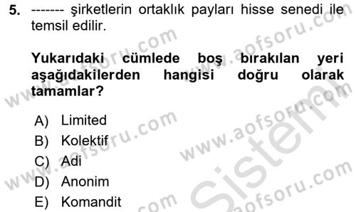 Şirketler Muhasebesi Dersi 2025 - 2026 Yılı (Vize) Ara Sınav Soruları 5. Soru