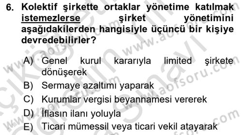 Şirketler Muhasebesi Dersi 2025 - 2026 Yılı (Vize) Ara Sınav Soruları 6. Soru