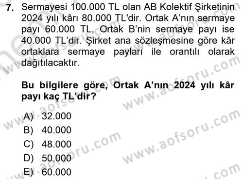 Şirketler Muhasebesi Dersi 2025 - 2026 Yılı (Vize) Ara Sınav Soruları 7. Soru