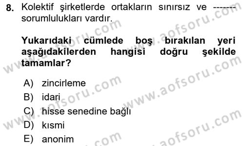 Şirketler Muhasebesi Dersi 2025 - 2026 Yılı (Vize) Ara Sınav Soruları 8. Soru