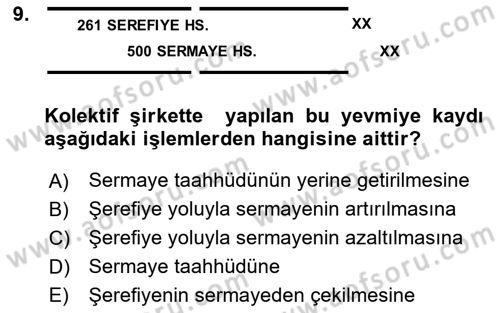 Şirketler Muhasebesi Dersi 2025 - 2026 Yılı (Vize) Ara Sınav Soruları 9. Soru