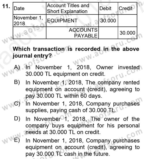 Accounting 1 Dersi 2018 - 2019 Yılı (Vize) Ara Sınavı 11. Soru