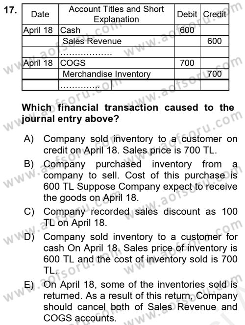 Accounting 1 Dersi 2018 - 2019 Yılı (Final) Dönem Sonu Sınav Soruları 17. Soru
