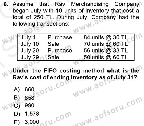 Accounting 1 Dersi 2018 - 2019 Yılı (Final) Dönem Sonu Sınav Soruları 6. Soru