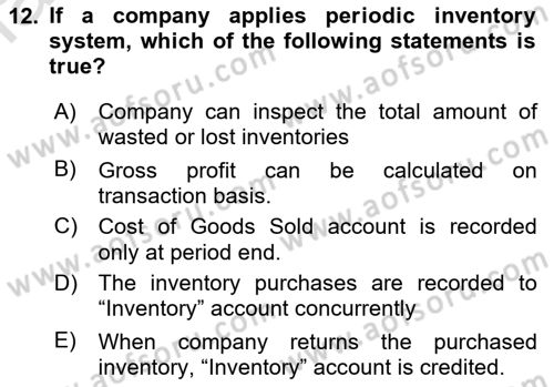Accounting 1 Dersi 2019 - 2020 Yılı (Final) Dönem Sonu Sınavı 12. Soru