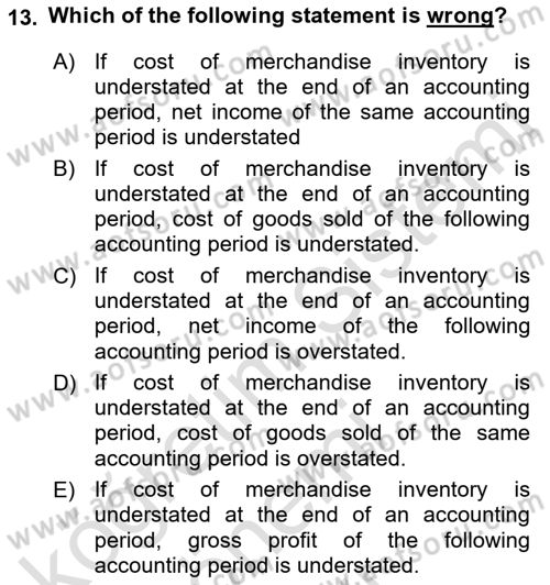 Accounting 1 Dersi 2019 - 2020 Yılı (Final) Dönem Sonu Sınavı 13. Soru