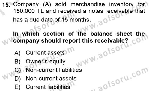 Accounting 1 Dersi 2019 - 2020 Yılı (Final) Dönem Sonu Sınavı 15. Soru