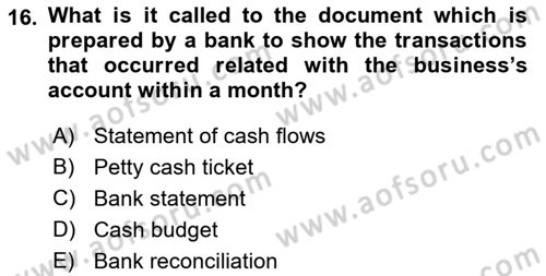 Accounting 1 Dersi 2019 - 2020 Yılı (Final) Dönem Sonu Sınavı 16. Soru