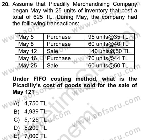 Accounting 1 Dersi 2019 - 2020 Yılı (Final) Dönem Sonu Sınavı 20. Soru